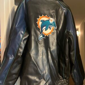 NFL Miami Dolphins embroidered black Faux Leather Bomber Jacket